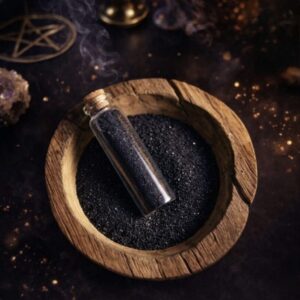fiole en verre contenant le sel noir de sorcière