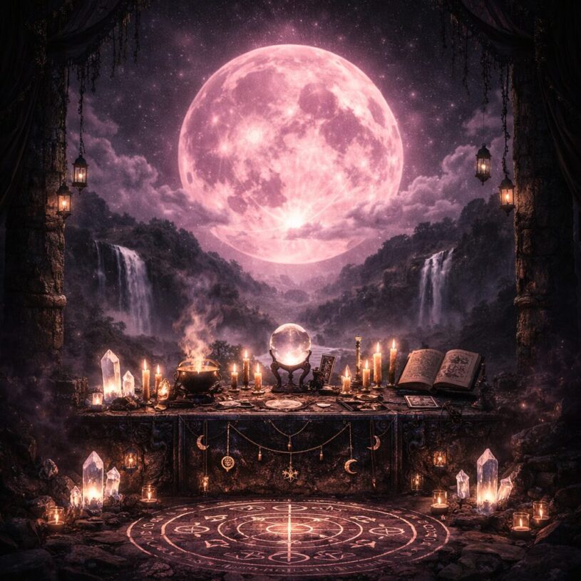 une pleine lune et une table de rituels