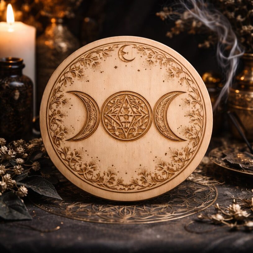 un symbole triple lune gravé sur une plaque de bois